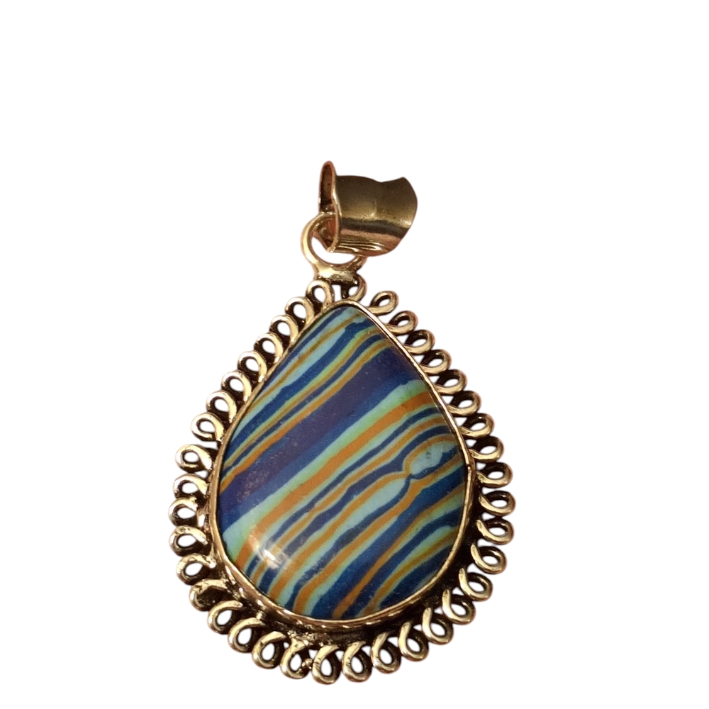 Gold Teardrop Pendant with Striped Stone Set In 925 Sterling Silver
